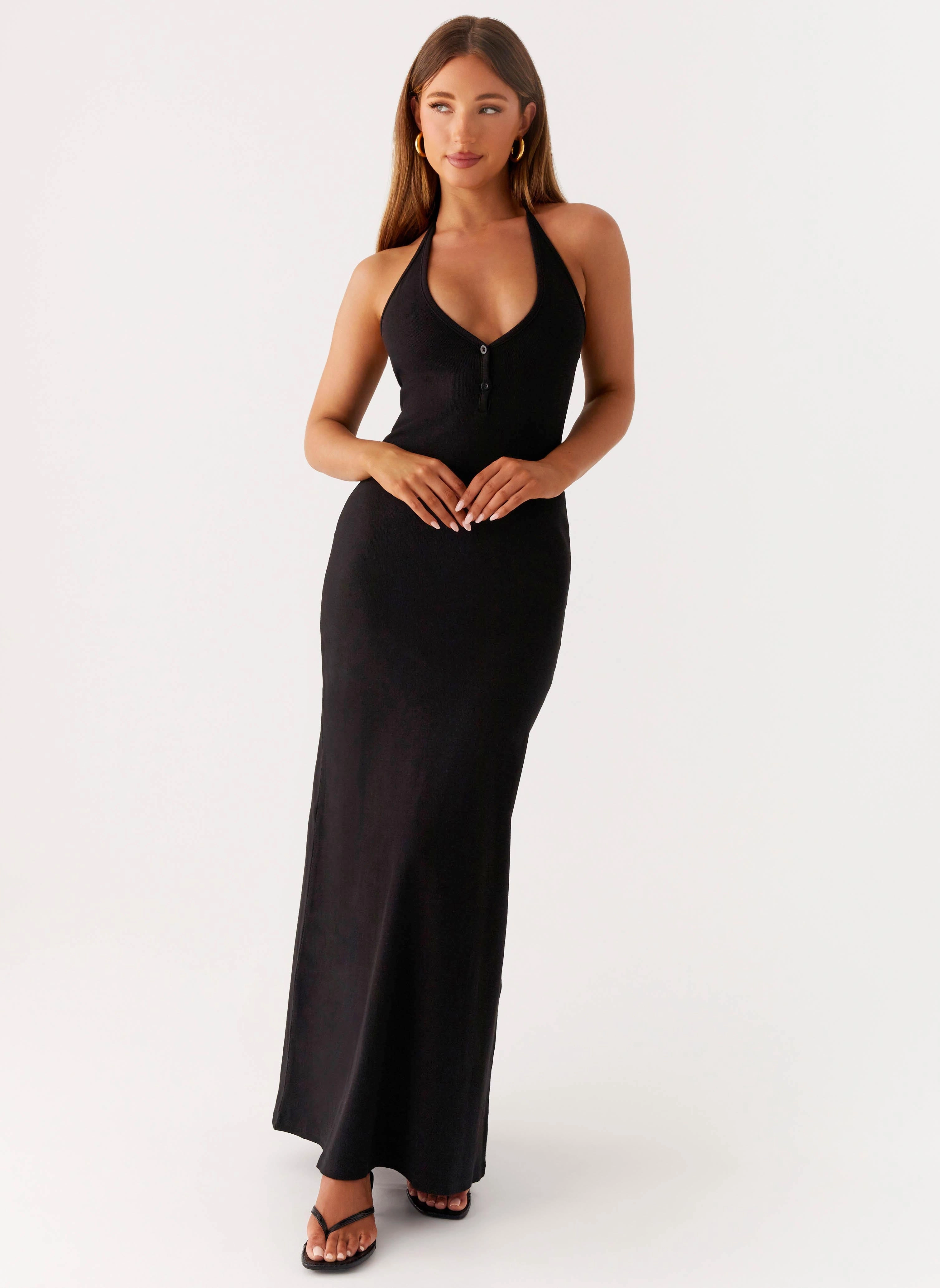 Yaselle Button Front Maxi Dress - Black Lace Accent Minimal Comfort