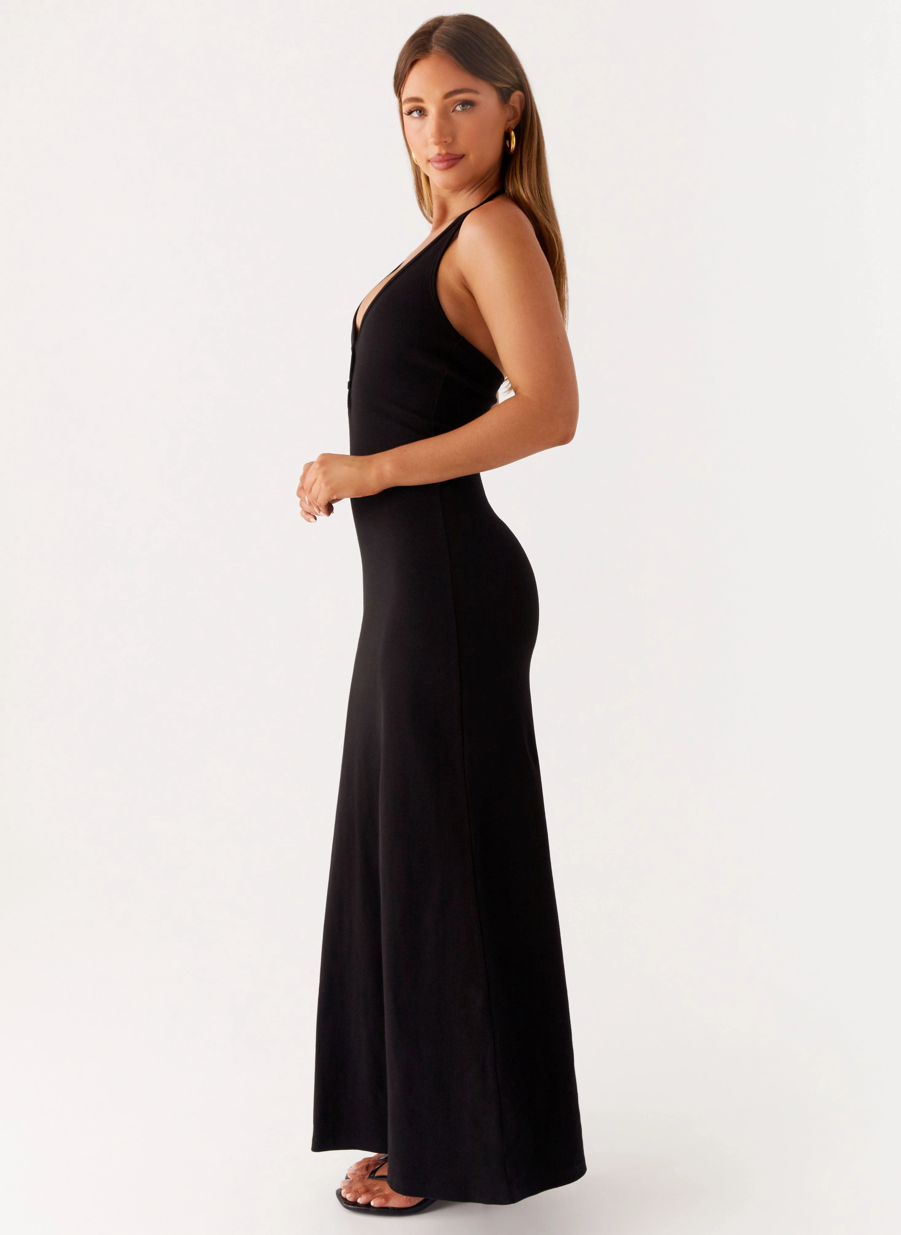 Padded-Bust Yaselle Button Front Maxi Dress - Black