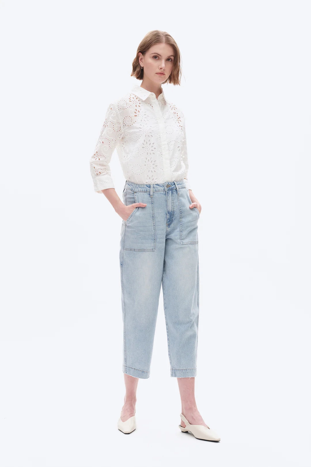 Adjustable Waist Super High Rise Barrel Denim Jeans - Light Blue