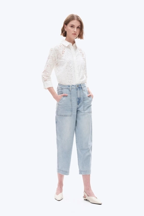 Adjustable Waist Super High Rise Barrel Denim Jeans - Light Blue