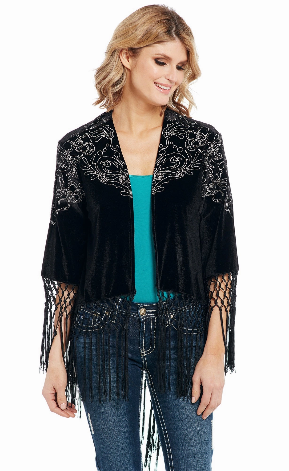 Functional Layer Light and Cozy Cowgirl Up Womens Black Polyester Velvet Wrap Cardigan S/S