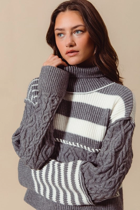Amanda Multi Stripe Cable Knit Turtle Neck Sweater Top S-XL Winter Wear