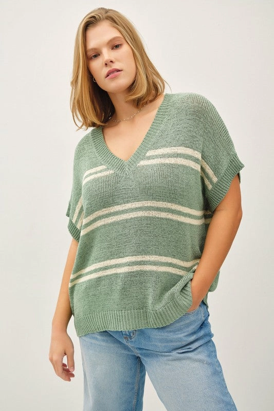 Adjustable Collar System ColorfastMaterial LILLIAN STRIPED V-NECK SWEATER TOP