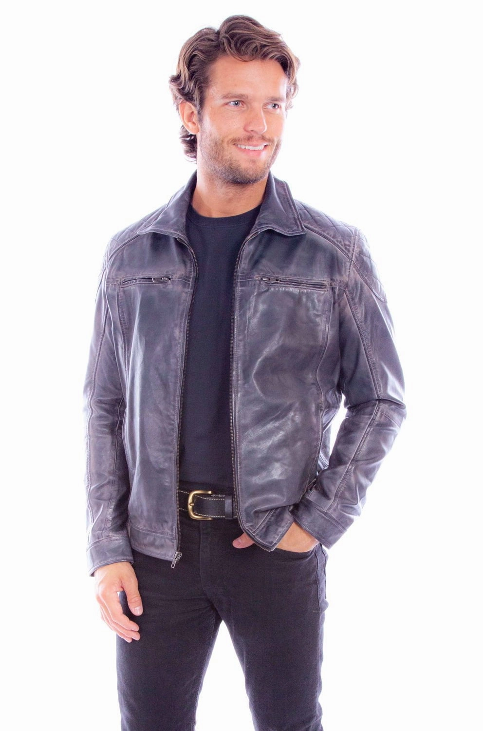 Double Layered Fabric Insulated Warmth Scully Mens Zip Front Washed Grey Leather Leather Jacket
