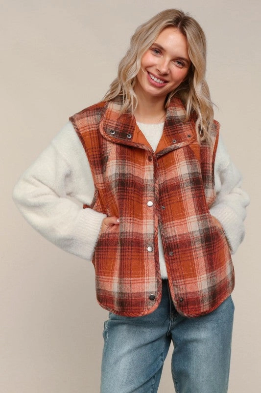 June High Neck Snap Button Down Puffer Vest Jacket S-1XL Waterproof Design