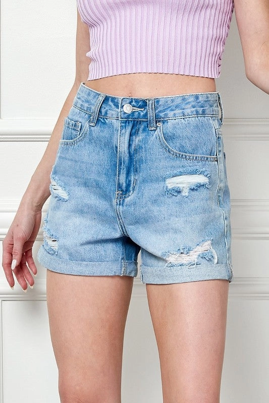 Conner Washed Denim Distressed Roll Up Shorts Linen blend Sporty Vibes
