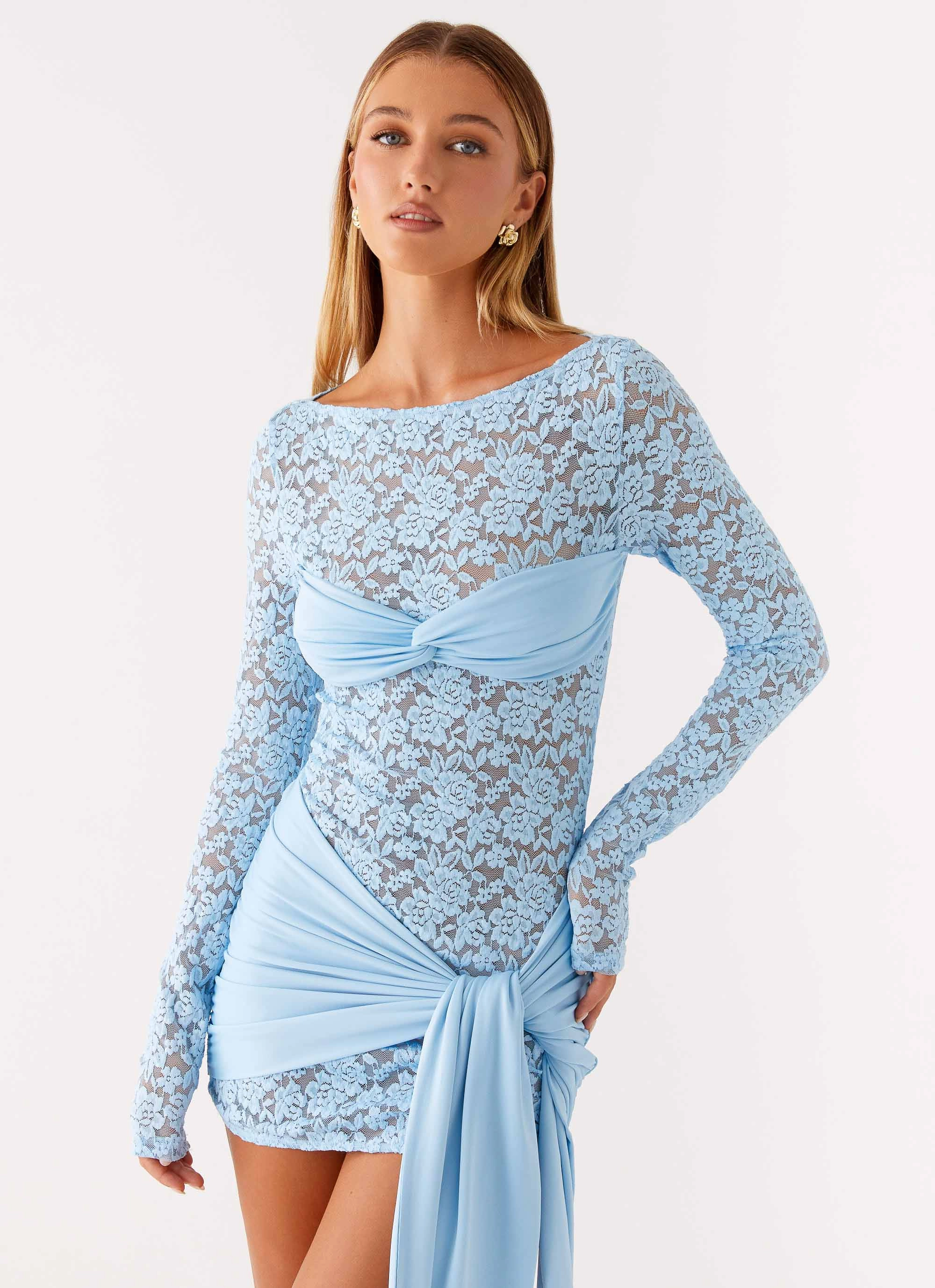 Consie Long Sleeve Mini Dress - Pale Blue Soft Weave