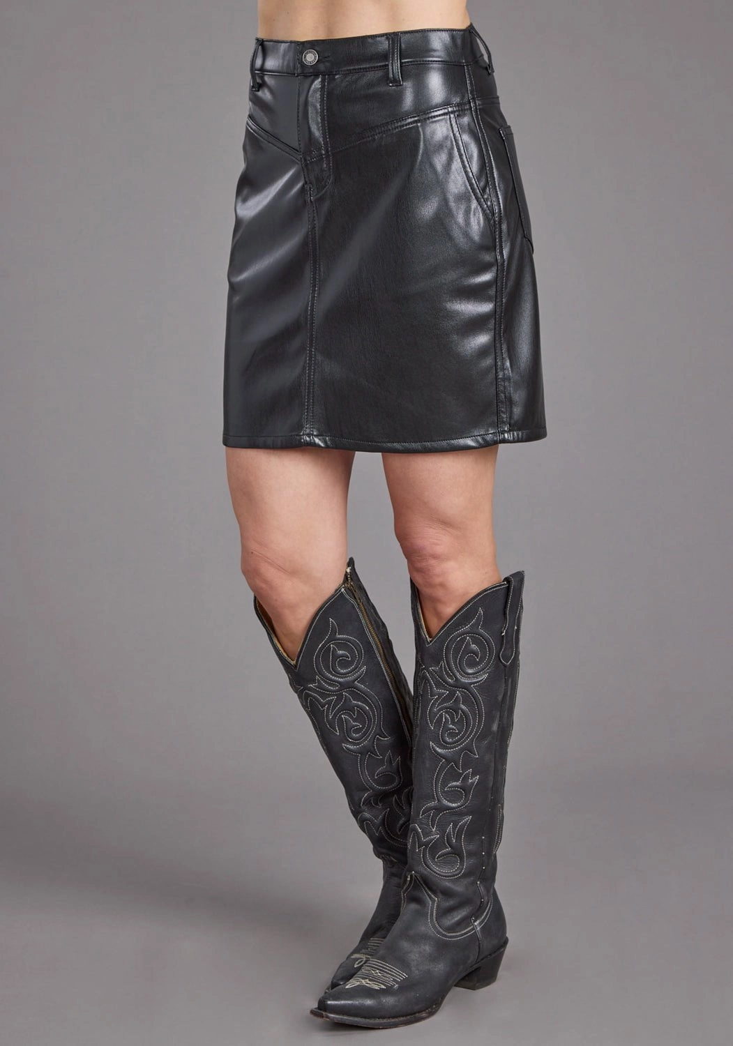 Stetson Womens Front Back Yokes Black Faux Leather Skirt Soft Aesthetic Minimal Style