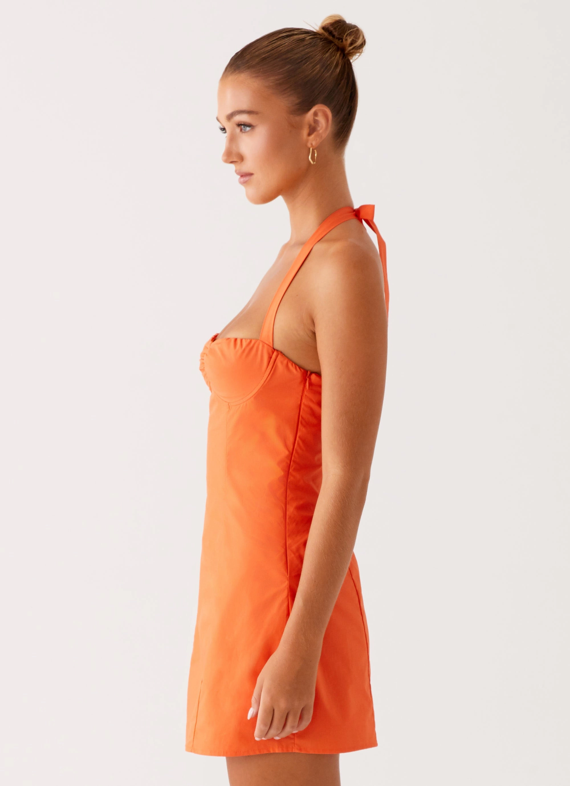 Flattering Shape Wear Romantic date dress Contessa Halter Mini Dress - Orange