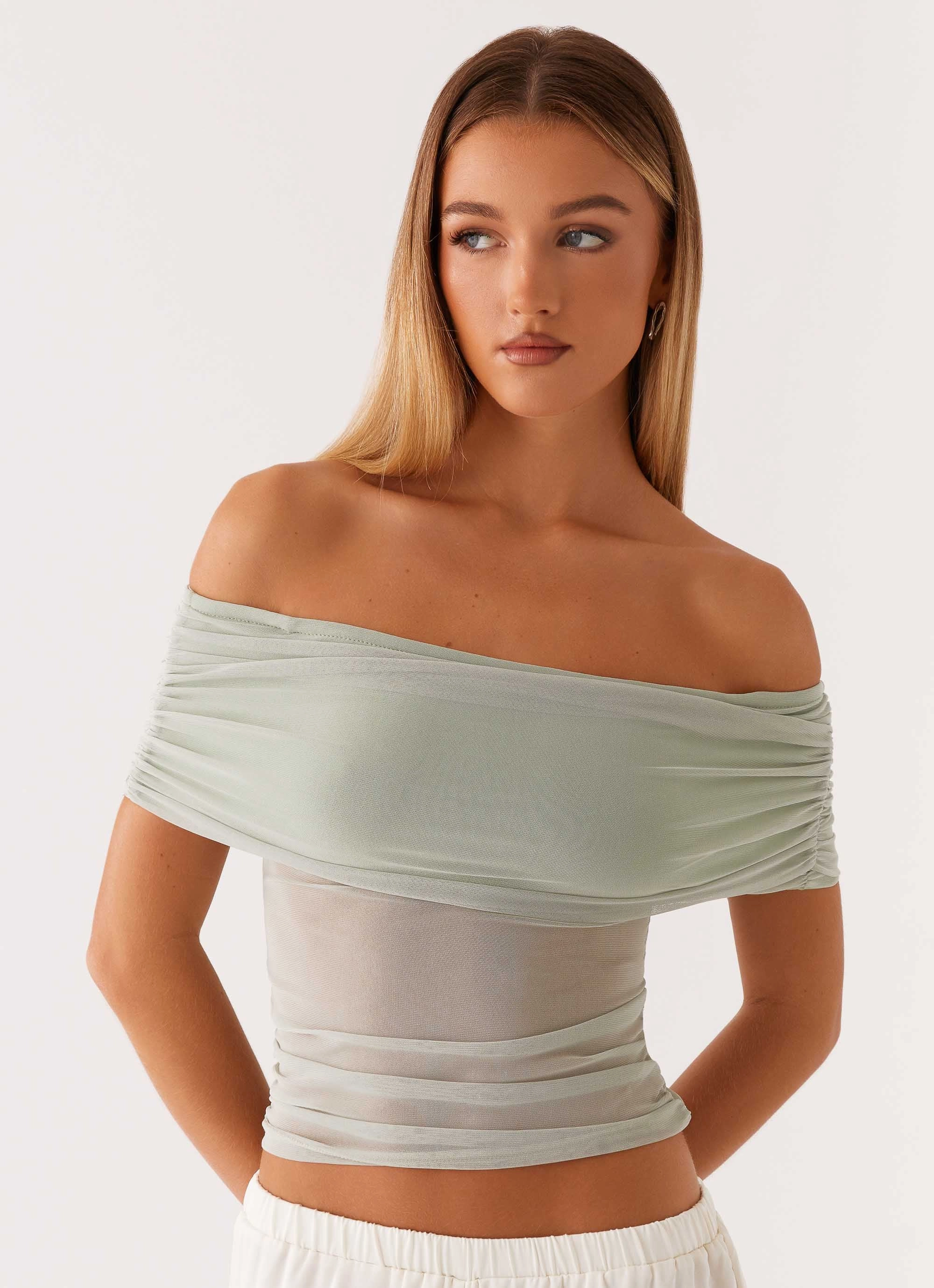 Garment Washed Layered Look Nelly Off Shoulder Top - Pistachio