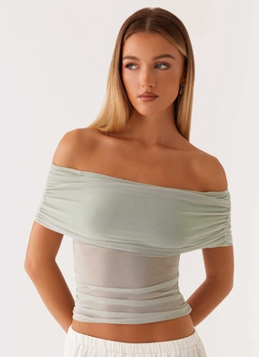Garment Washed Layered Look Nelly Off Shoulder Top - Pistachio