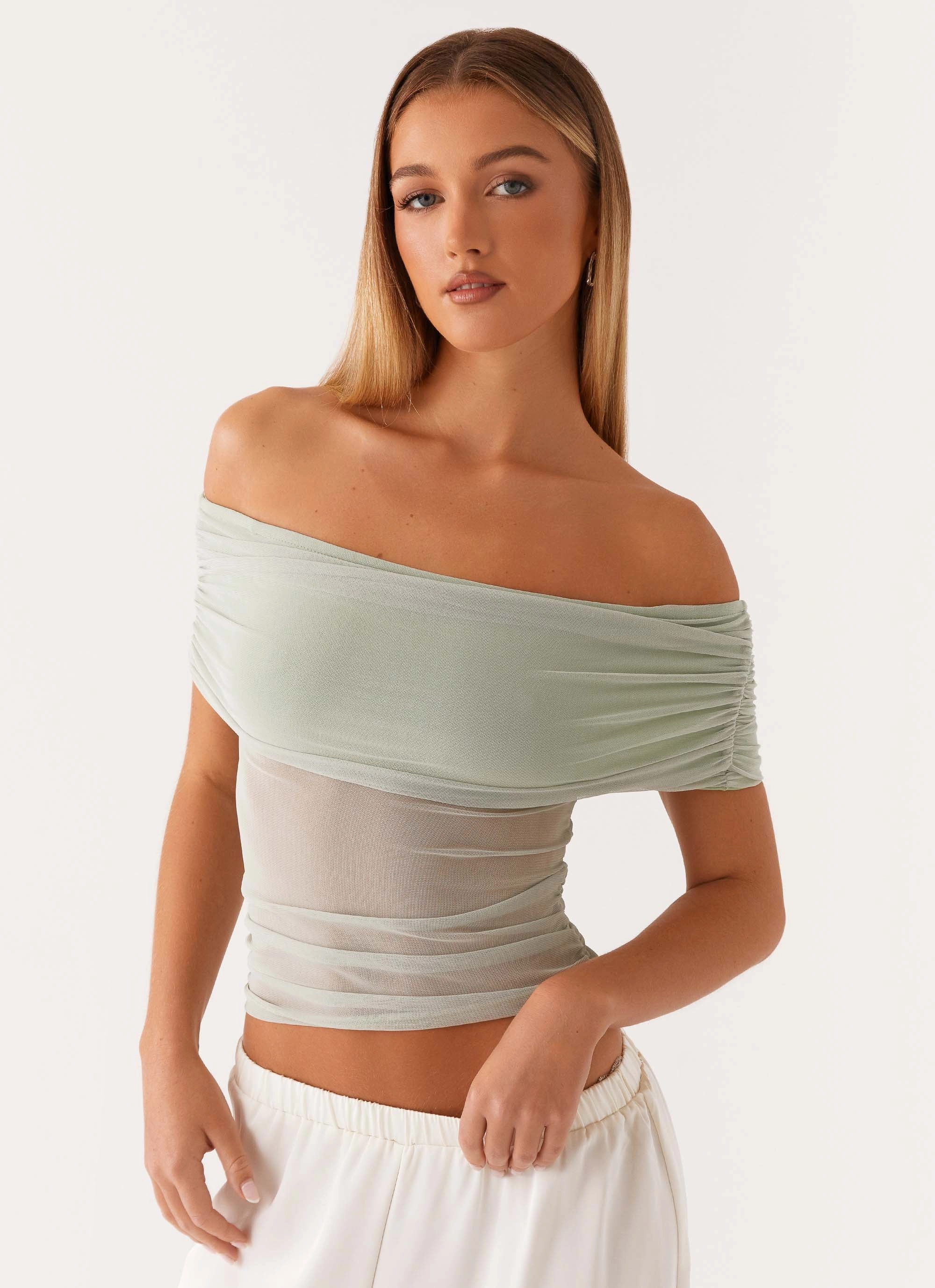 Nelly Off Shoulder Top - Pistachio CushionedSupport Non Restrictive Armhole Cut