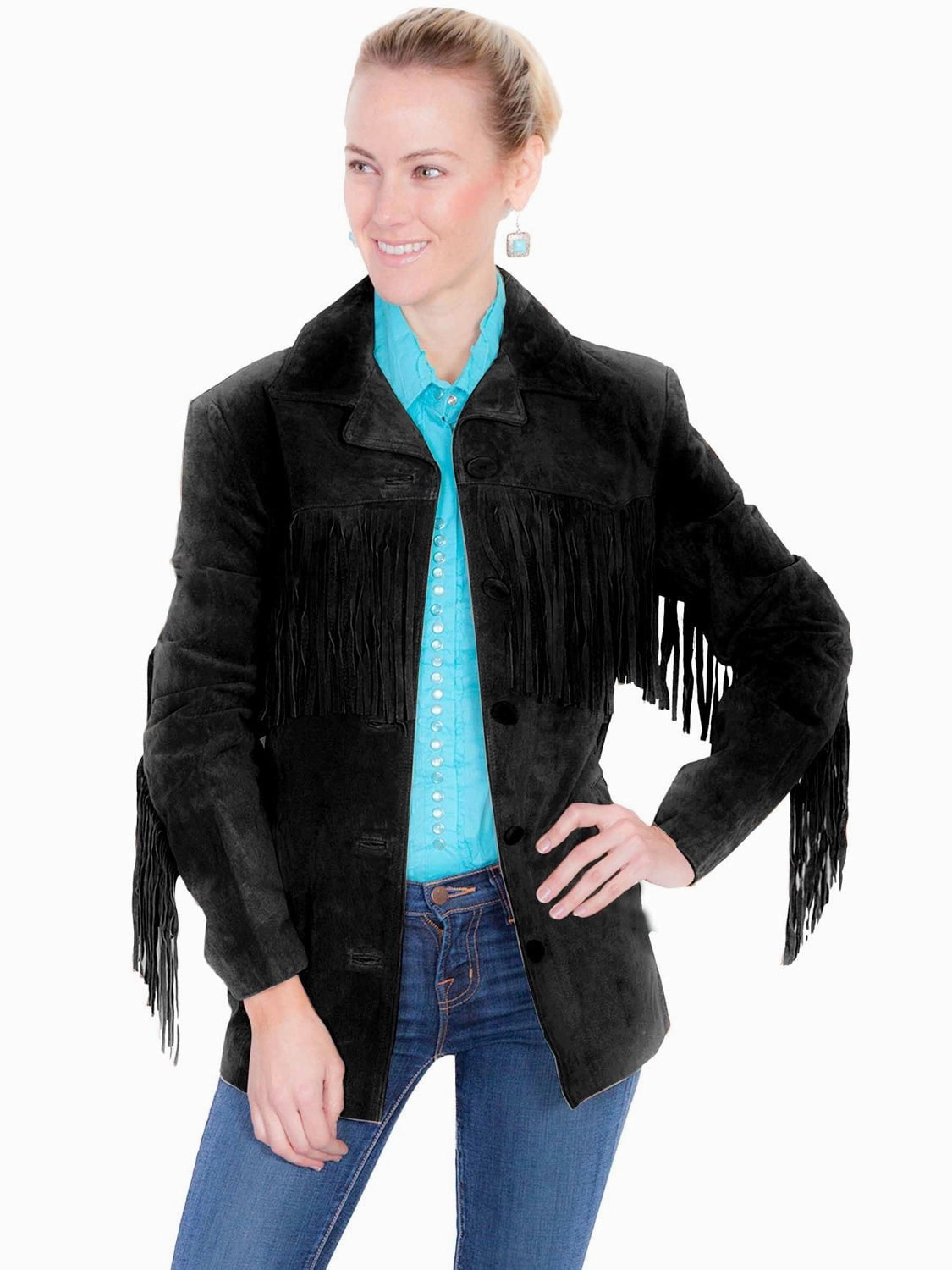 Scully Womens Notched Lapel Fringe Black Leather Leather Jacket Chill Commute Fit Active Layer