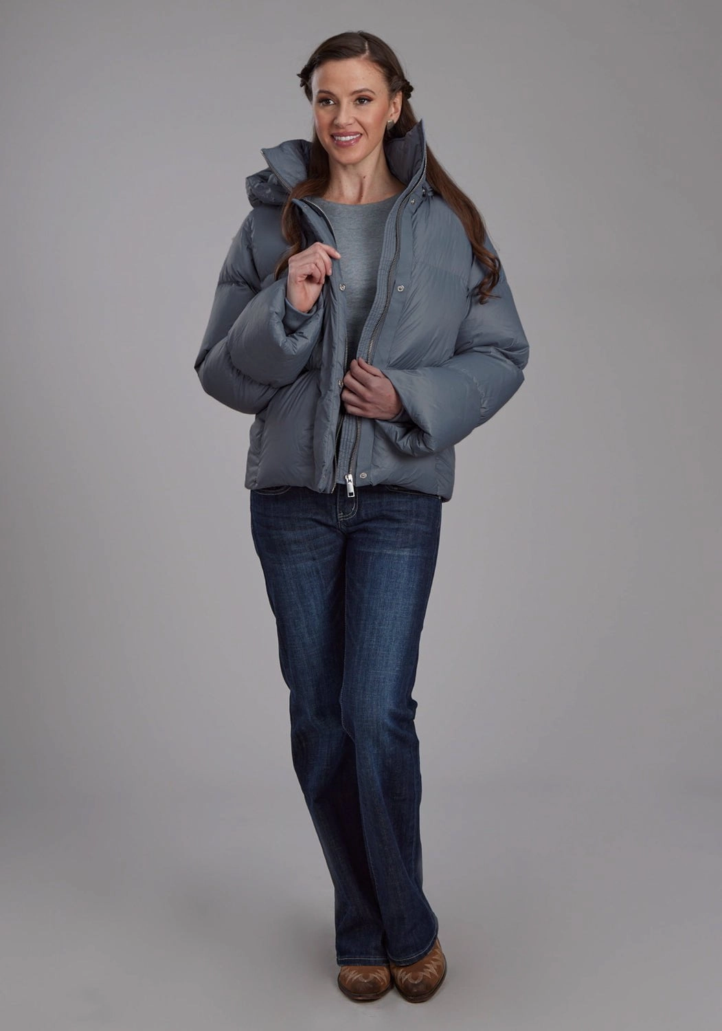 Roper Womens Puffer Down Coat Silver Blue 100% Nylon Softshell Jacket SlipResistantFastenings MagneticClosureSystem