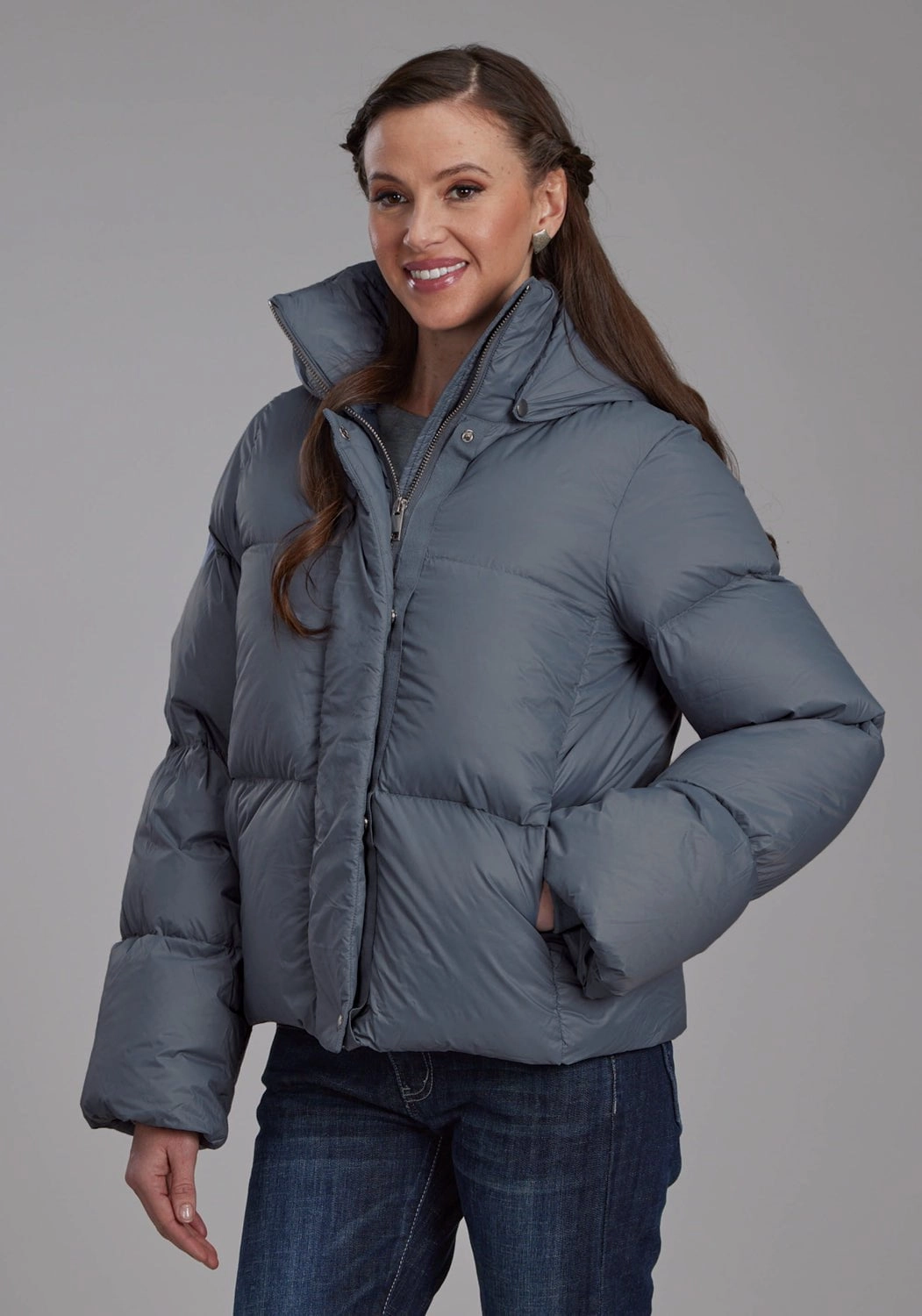 Roper Womens Puffer Down Coat Silver Blue 100% Nylon Softshell Jacket Versatile Style Shawl Lapel