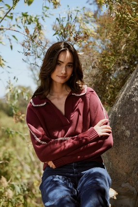 Elly Sweater | Zinfandel / Ivory Metallic Fiber Blend