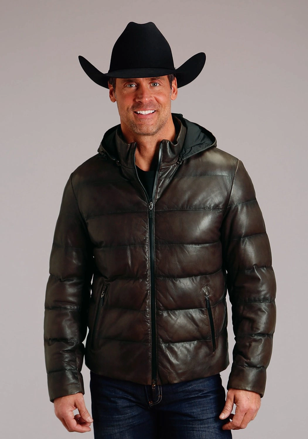 Stetson Mens Quilted Zip Grey Leather Leather Jacket DetachableLining Odor Resistant Tech