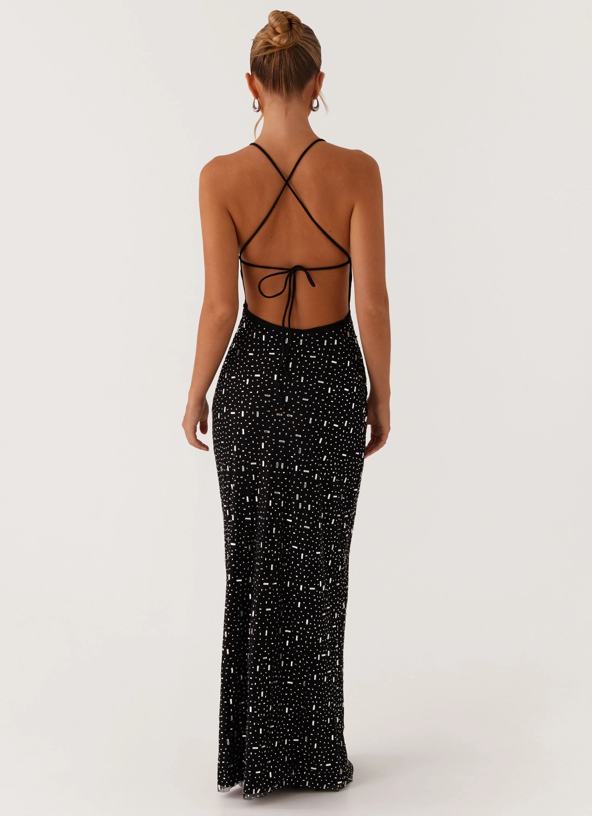 Walk Grace Cressida Rhinestone Mesh Maxi Dress - Black