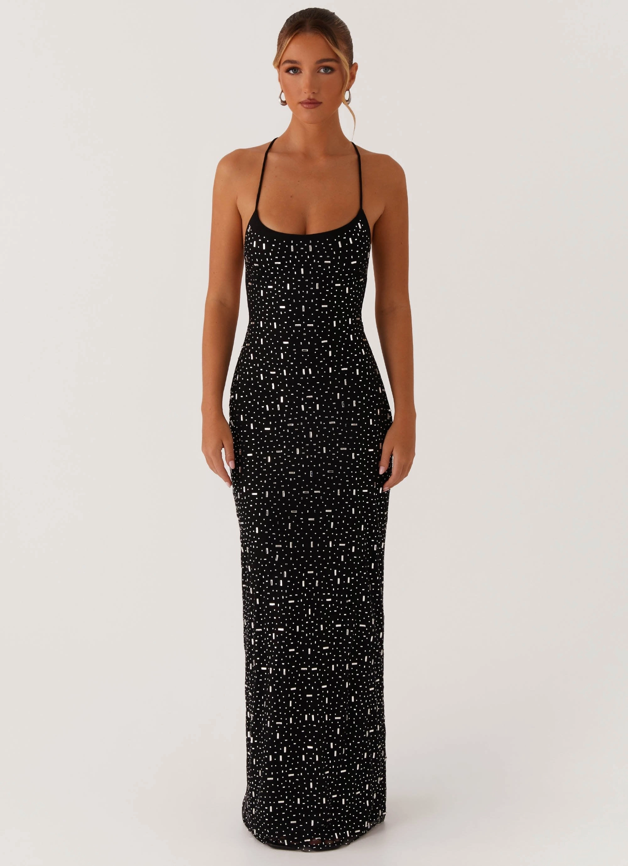 Functional Style Day Ready Look Cressida Rhinestone Mesh Maxi Dress - Black