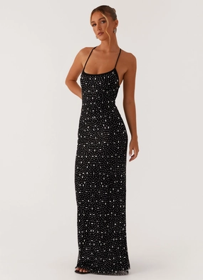Cressida Rhinestone Mesh Maxi Dress - Black Cinched-Waist Power Soft