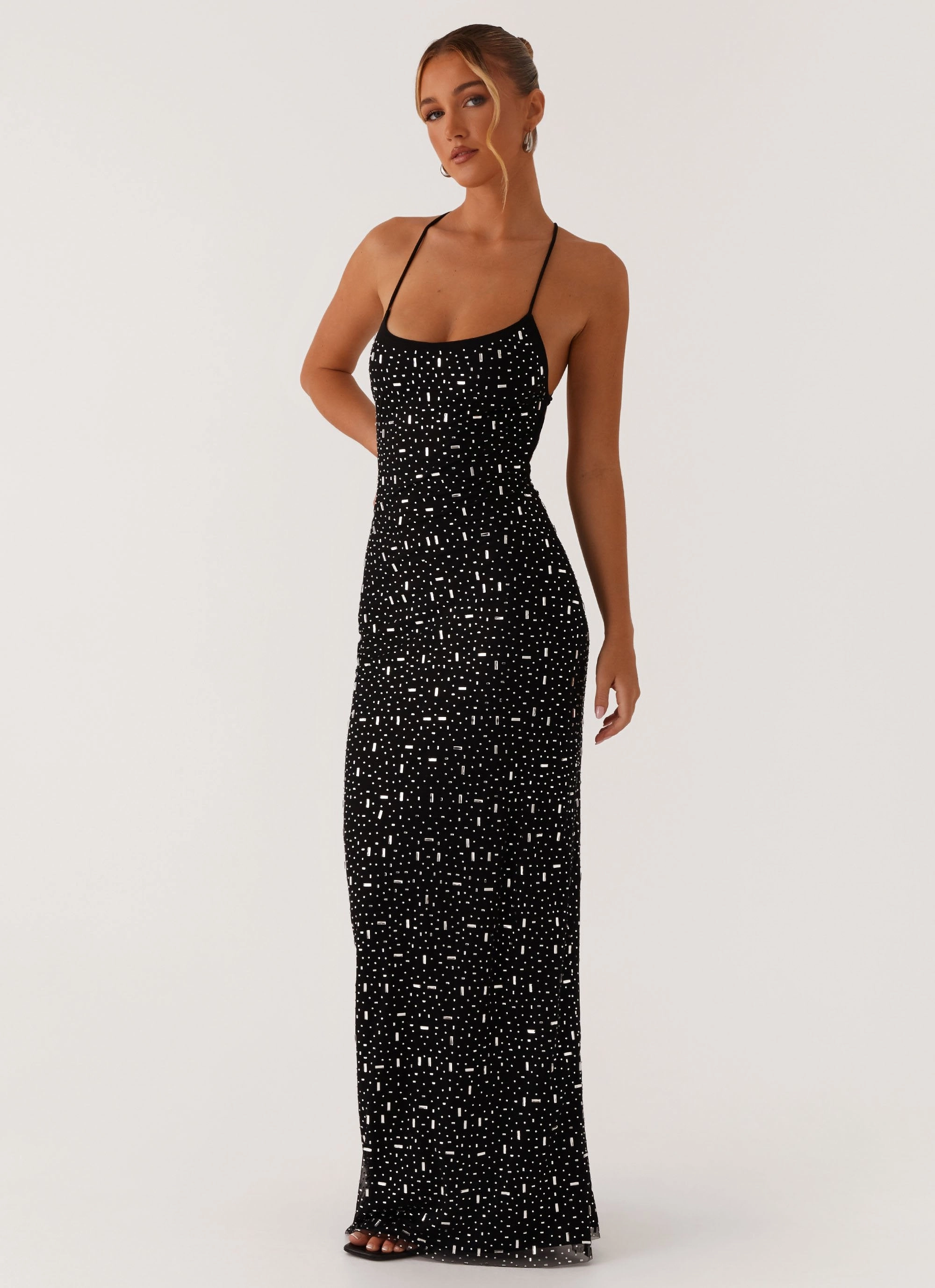 Cressida Rhinestone Mesh Maxi Dress - Black Cinched-Waist Power Soft