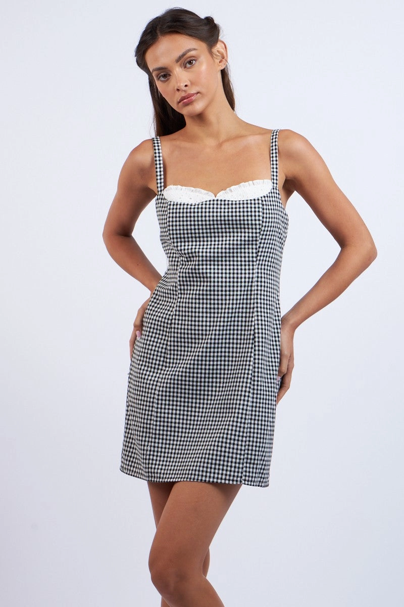 Checkered Lace Mini Dress - Black Sharp Detail