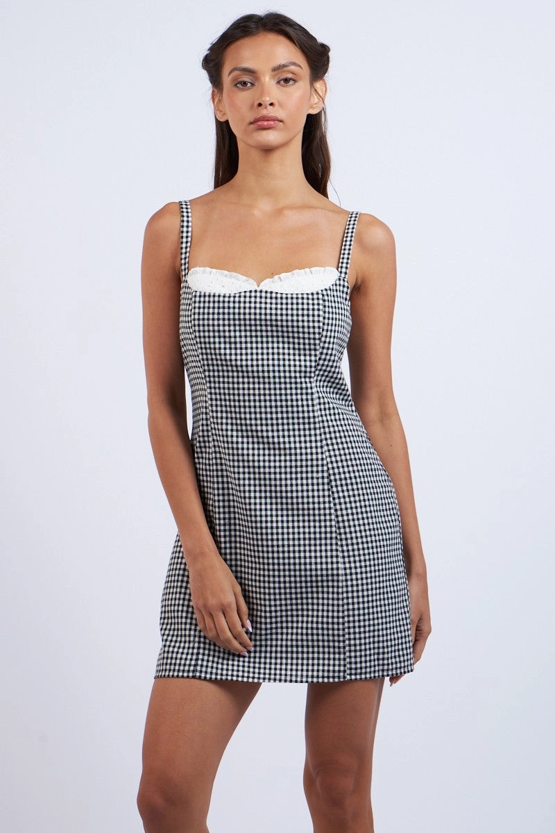 Airflow Mesh Lining Checkered Lace Mini Dress - Black