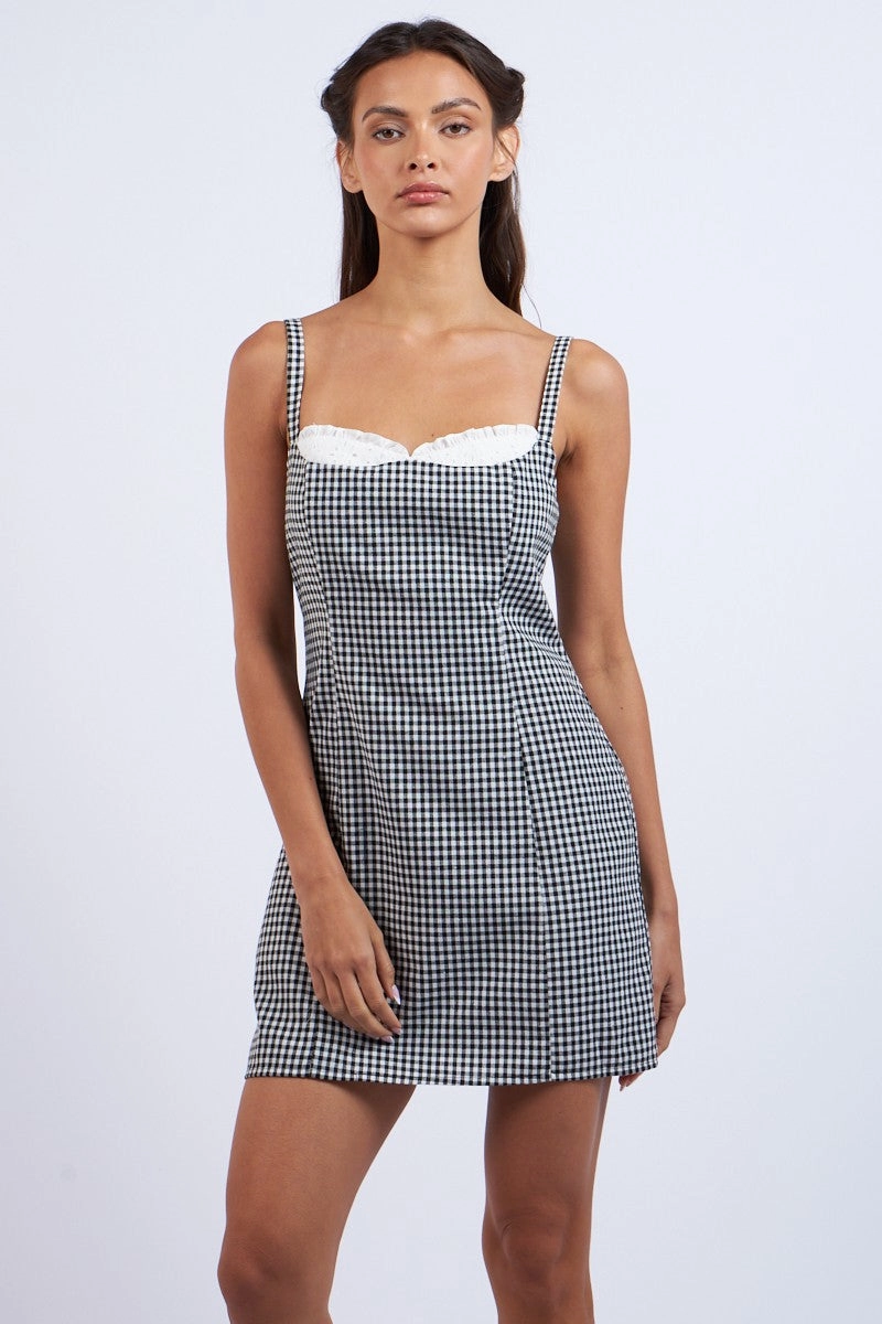 Checkered Lace Mini Dress - Black Spring Vibe Vibrant Aesthetic