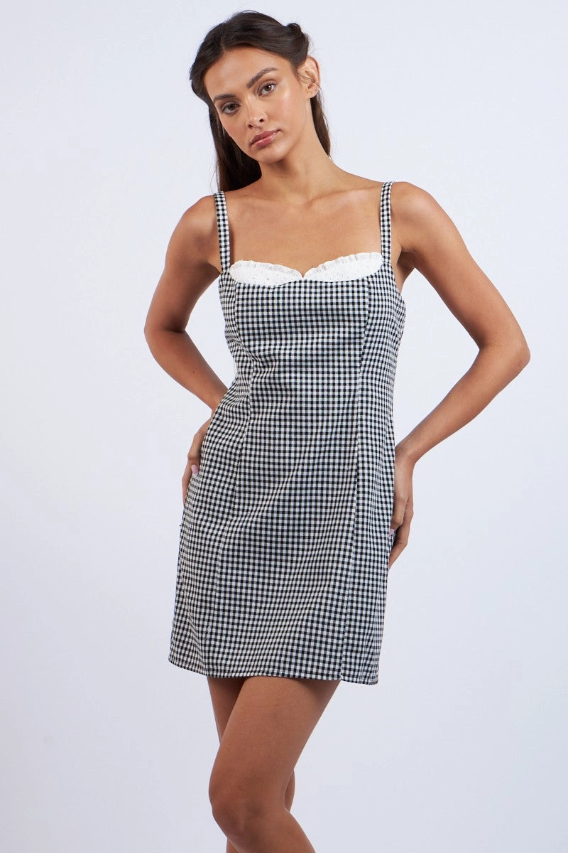 FlatlockSeam City-Style Checkered Lace Mini Dress - Black