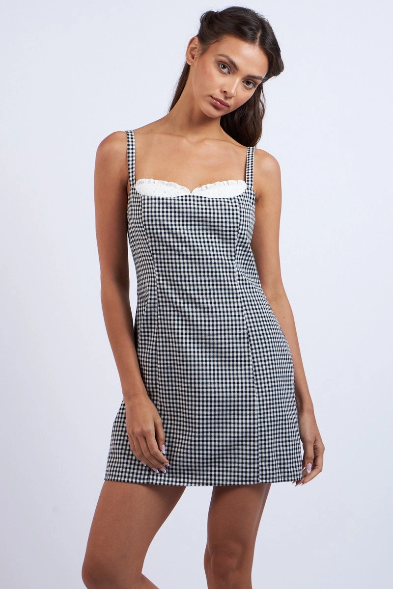 Checkered Lace Mini Dress - Black Cold-Shoulder
