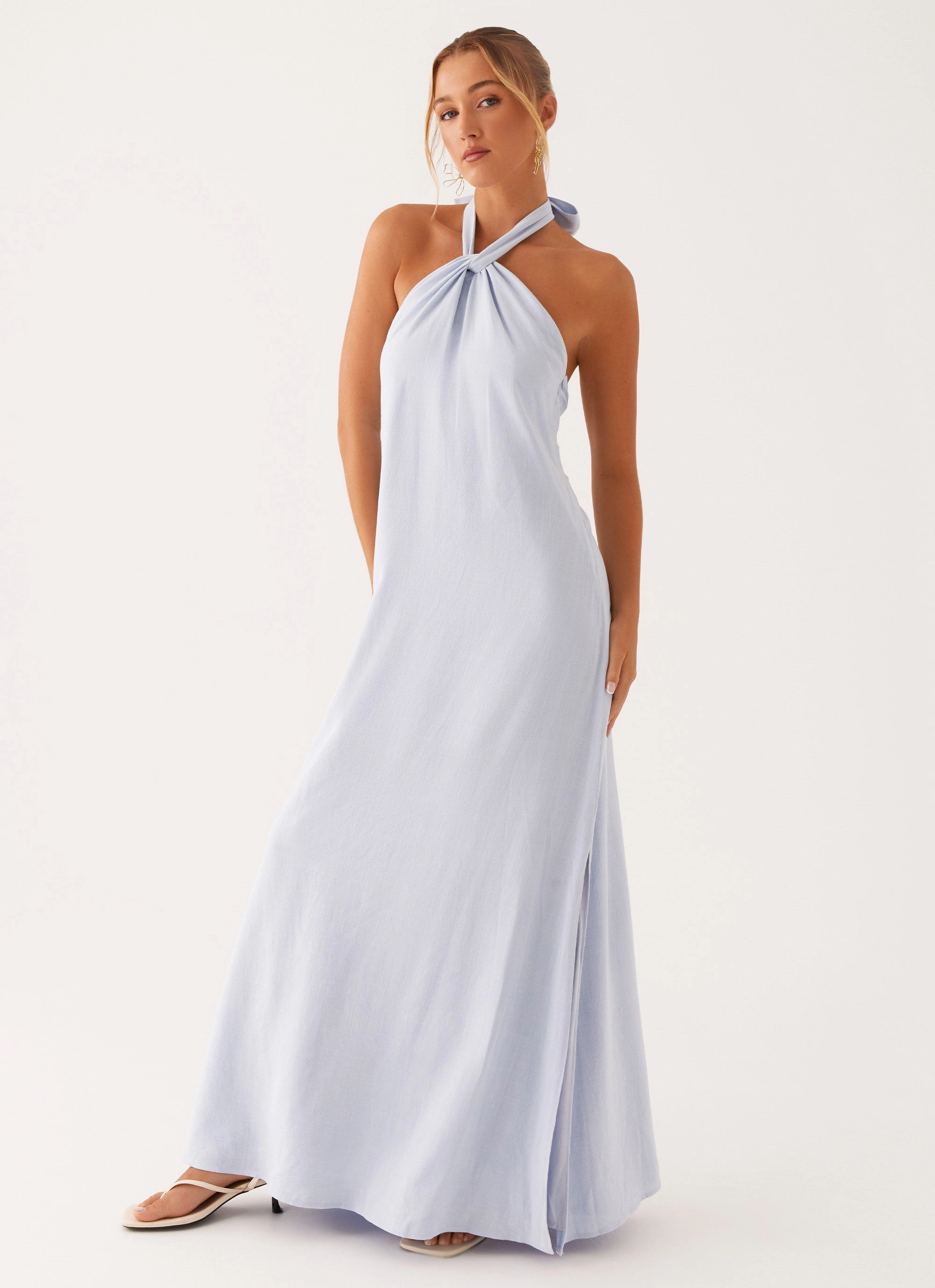 Modern Touch Golden Child Linen Maxi Dress - Blue