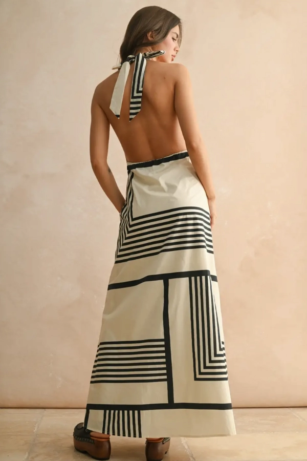 Minimalist Design Geo Print Halter Maxi Dress