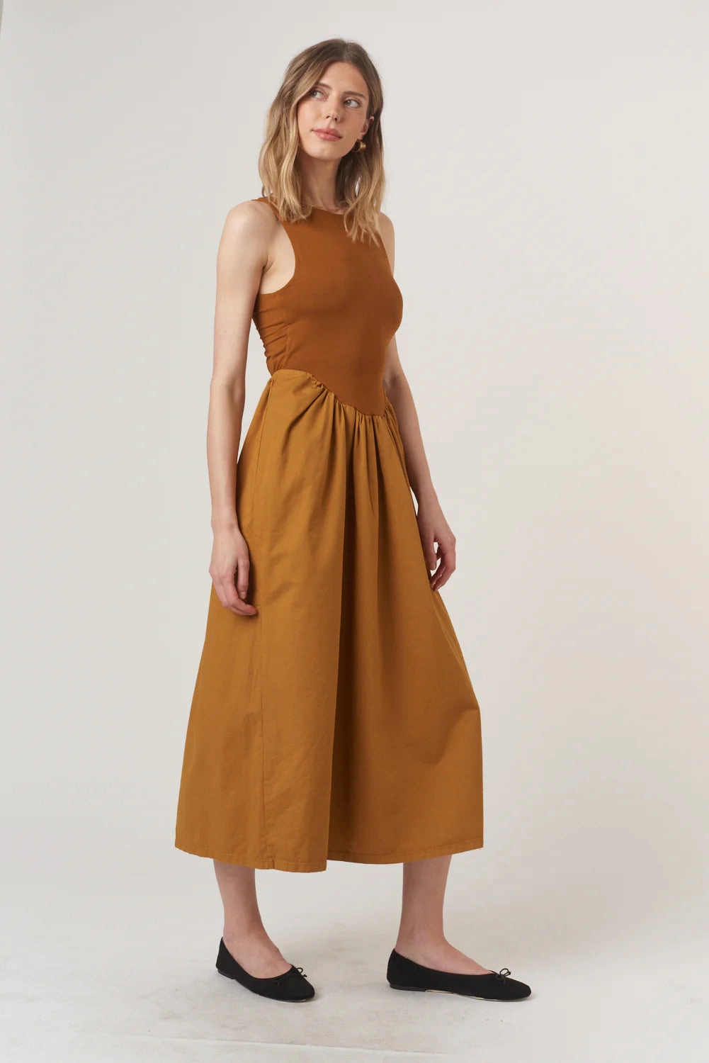 Brunch Glow Sophisticated Line Corinne Soft Mixed Fabric Tank Dress - Cinnamon