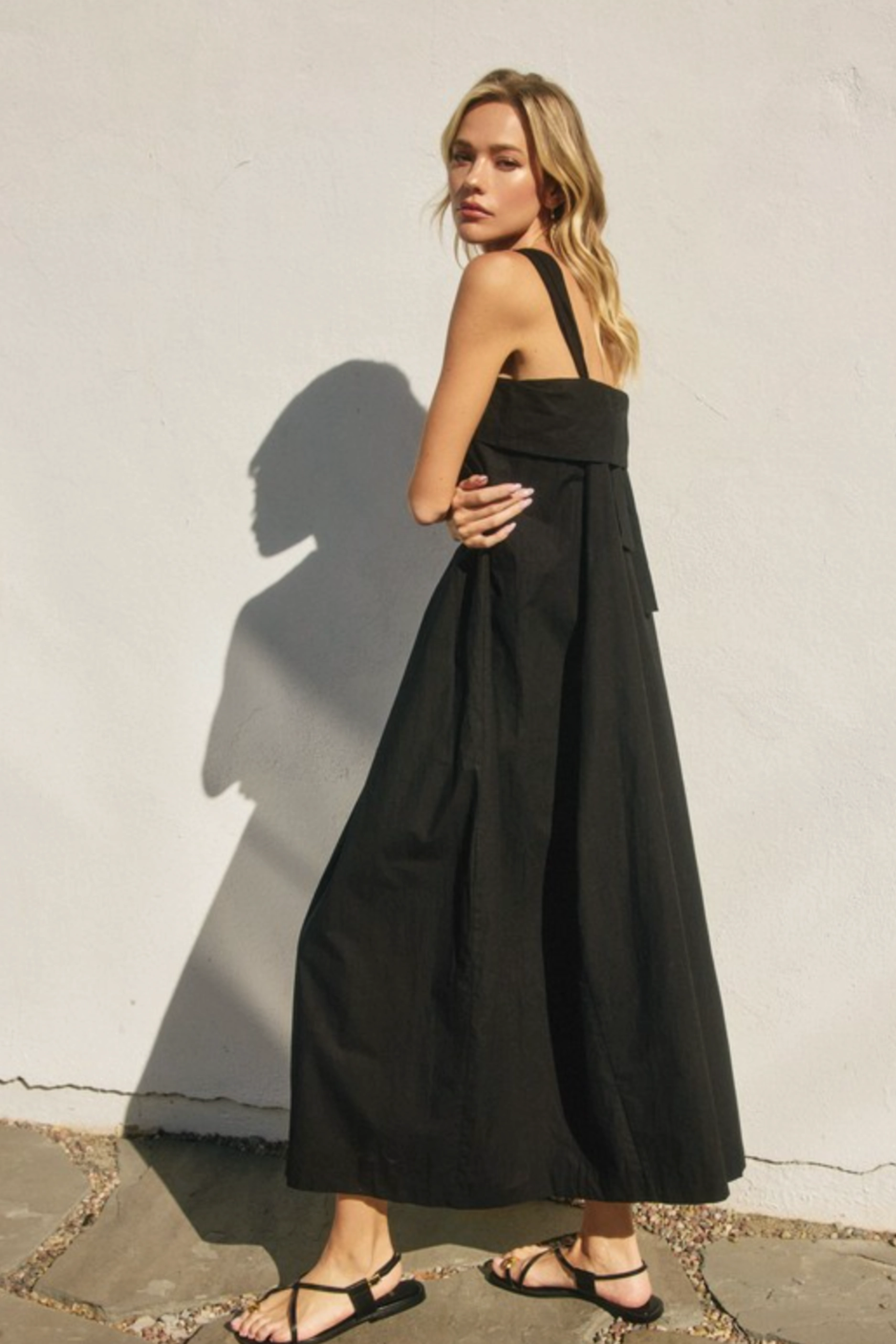 Relaxed Blouse Cotton Halter Neck Maxi Dress - Black