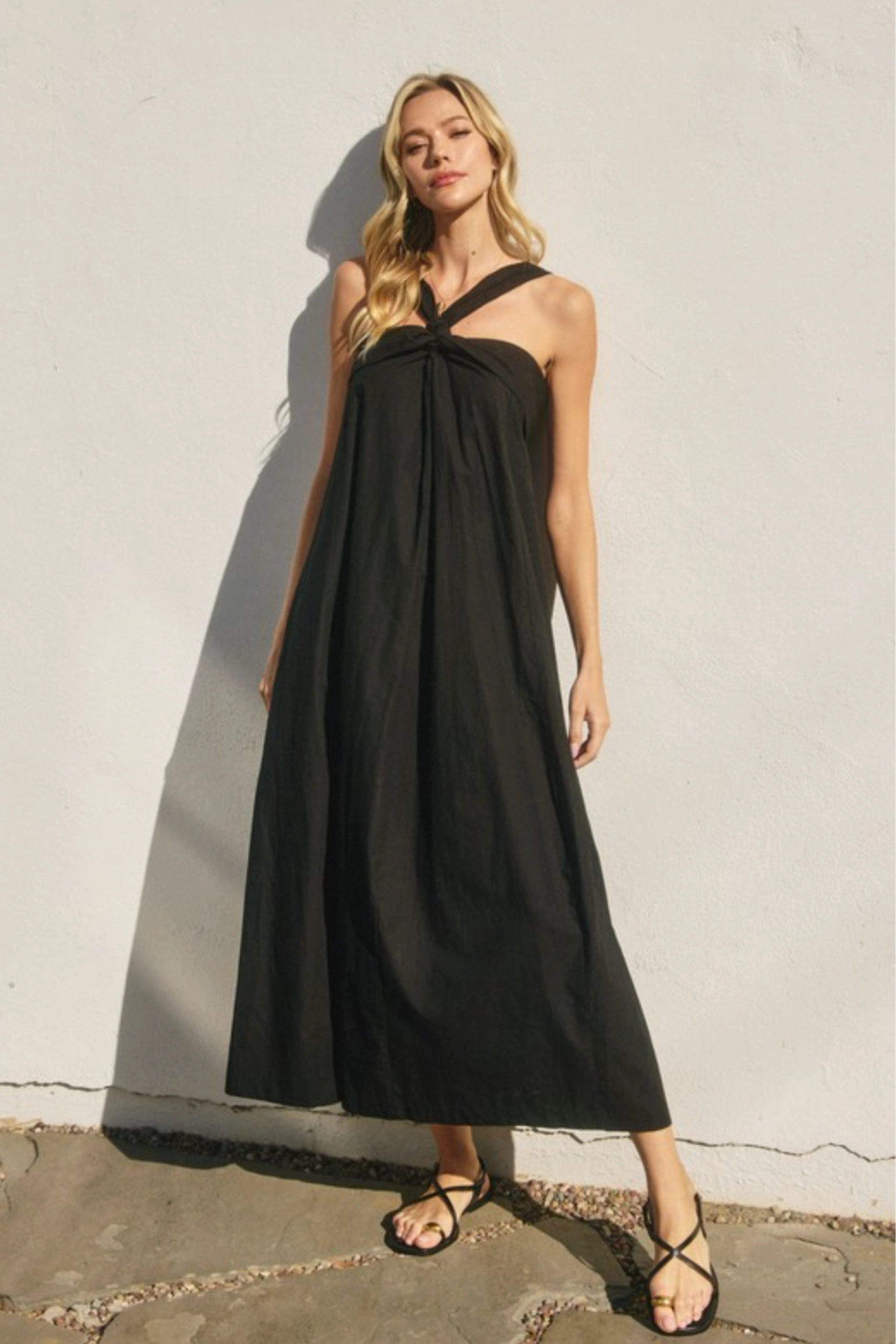 Cotton Halter Neck Maxi Dress - Black Oversized-Fit Sleek Tone