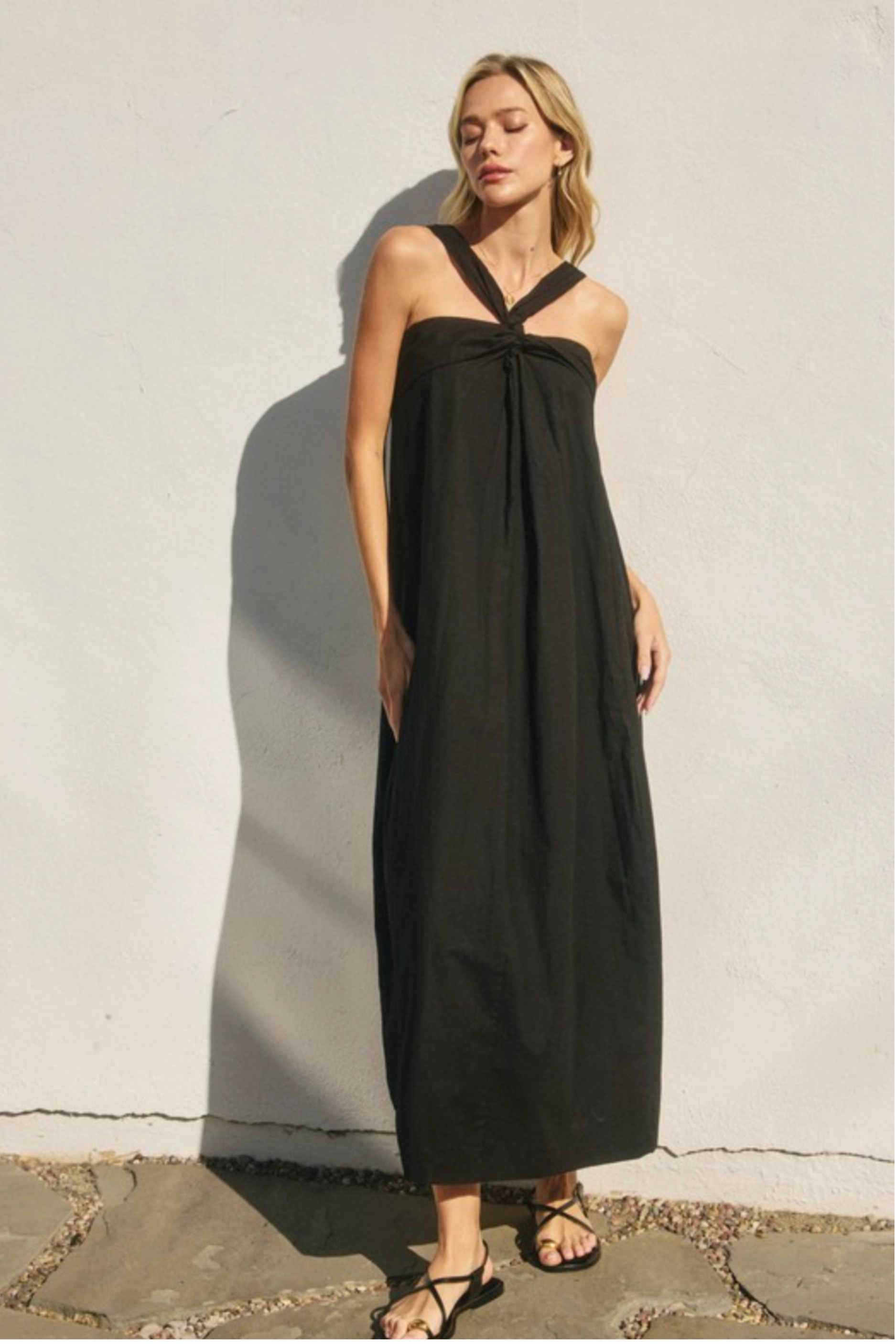 Cotton Halter Neck Maxi Dress - Black Sweat Absorbing Lining