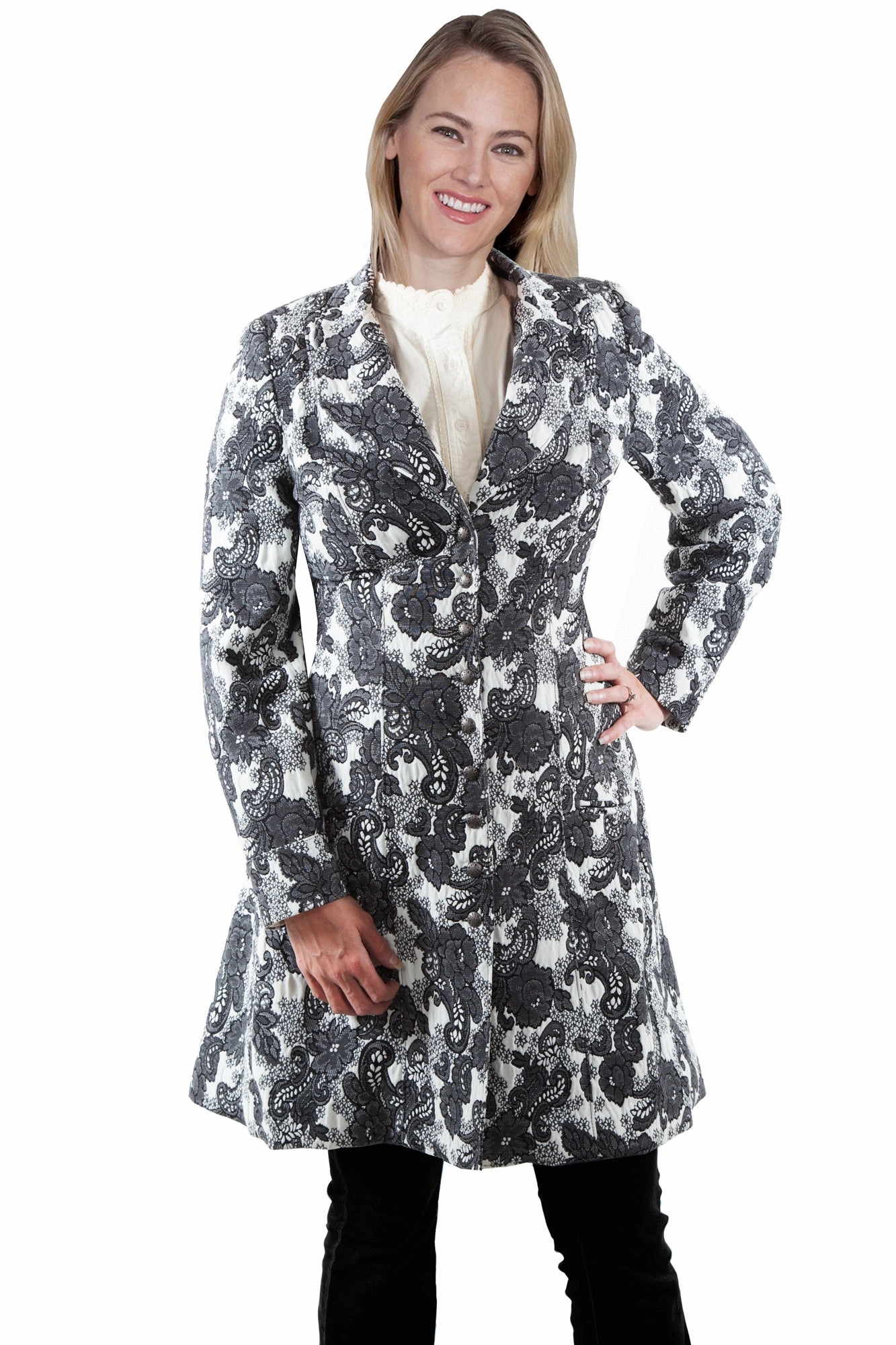 Windproof Design Scully Womens Black/White Polyester Damask Frock Coat