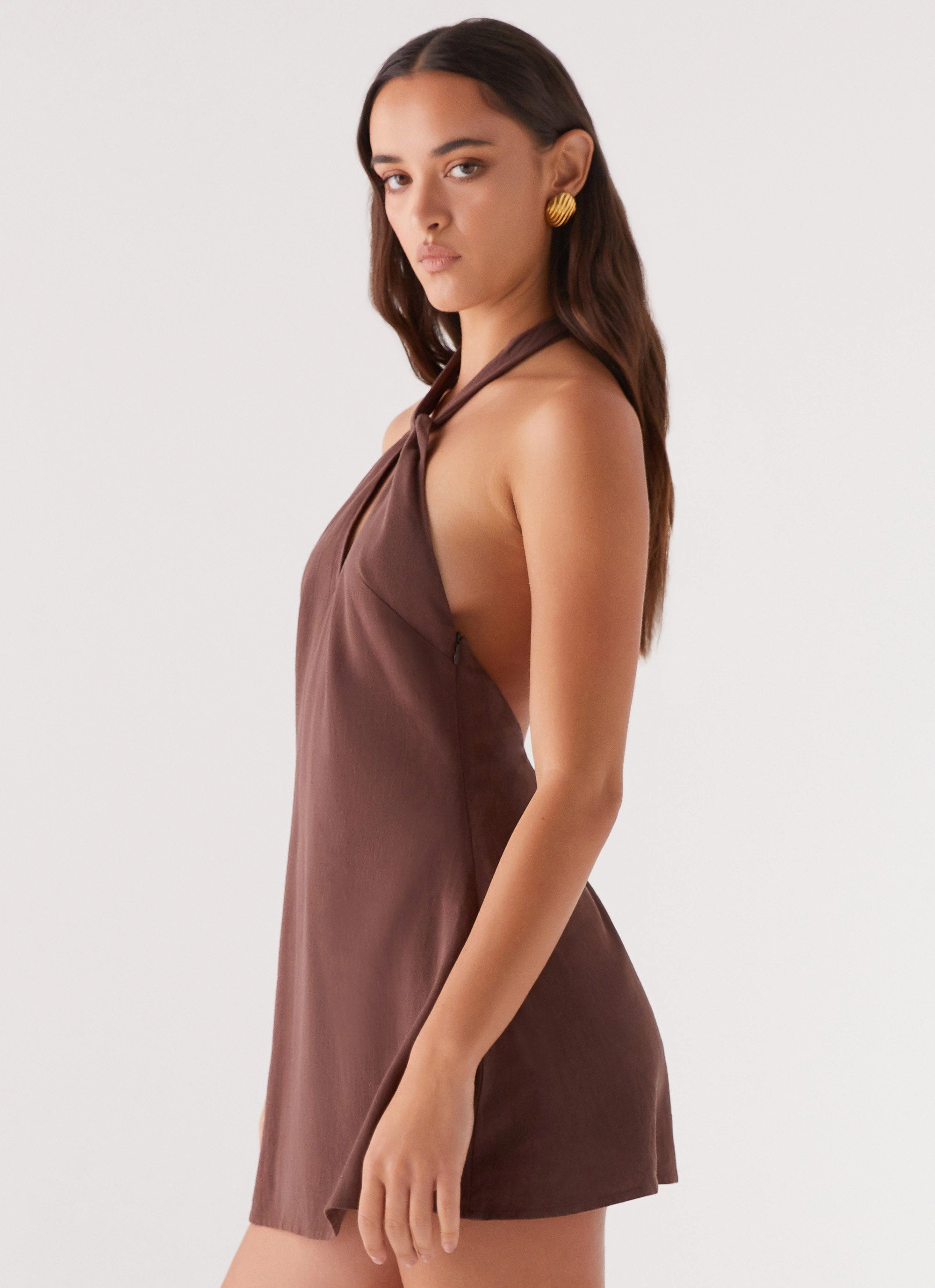 Smooth Flow Counting Stars Linen Halterneck Dress - Chocolate