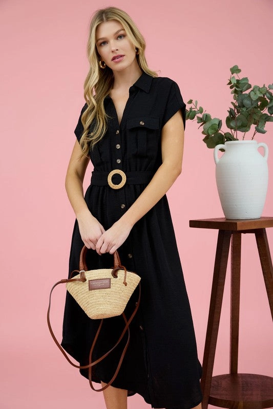 JUNIPER COLLARED BUTTON DOWN BELTED MIDI DRESS Daywear Fit