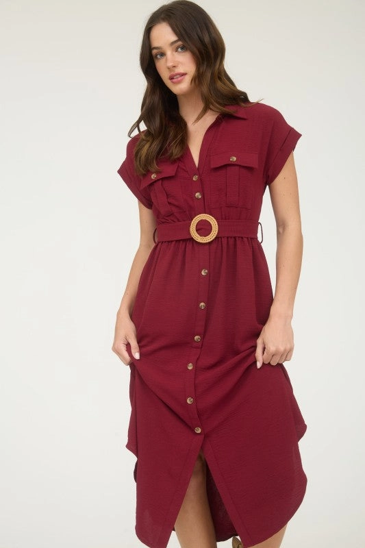 Relax Draping Bold Simplicity JUNIPER COLLARED BUTTON DOWN BELTED MIDI DRESS