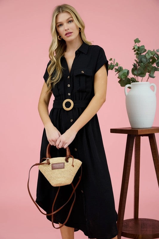 Classic knee-length dress Art-Gallery JUNIPER COLLARED BUTTON DOWN BELTED MIDI DRESS