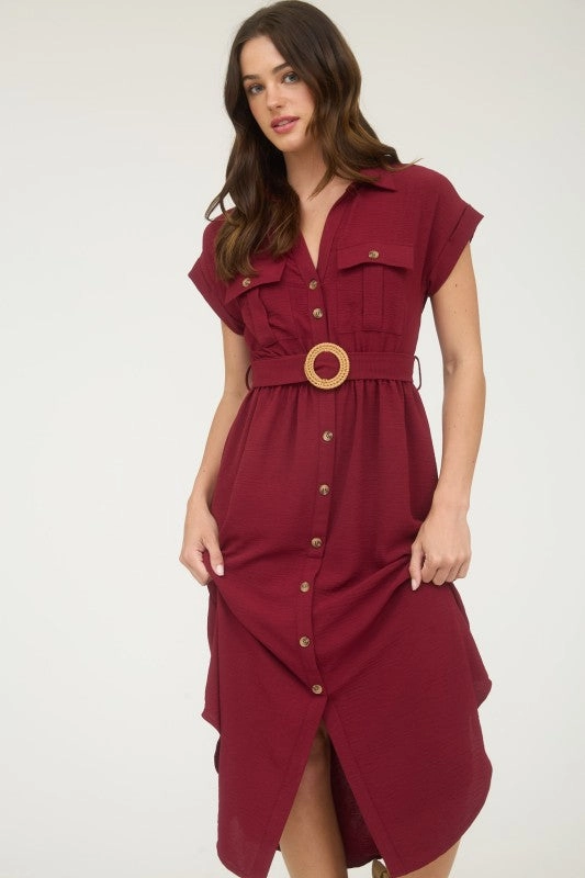 Unique Print Chic Energy JUNIPER COLLARED BUTTON DOWN BELTED MIDI DRESS