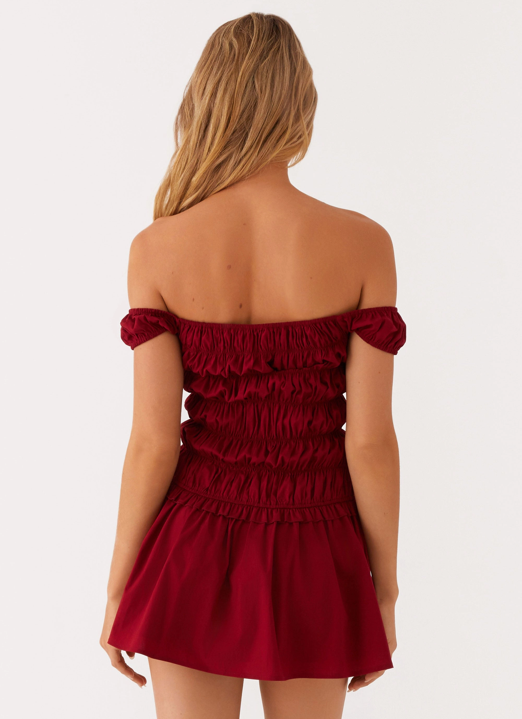 Countryside Off Shoulder Mini Dress - Deep Red Sharp Design