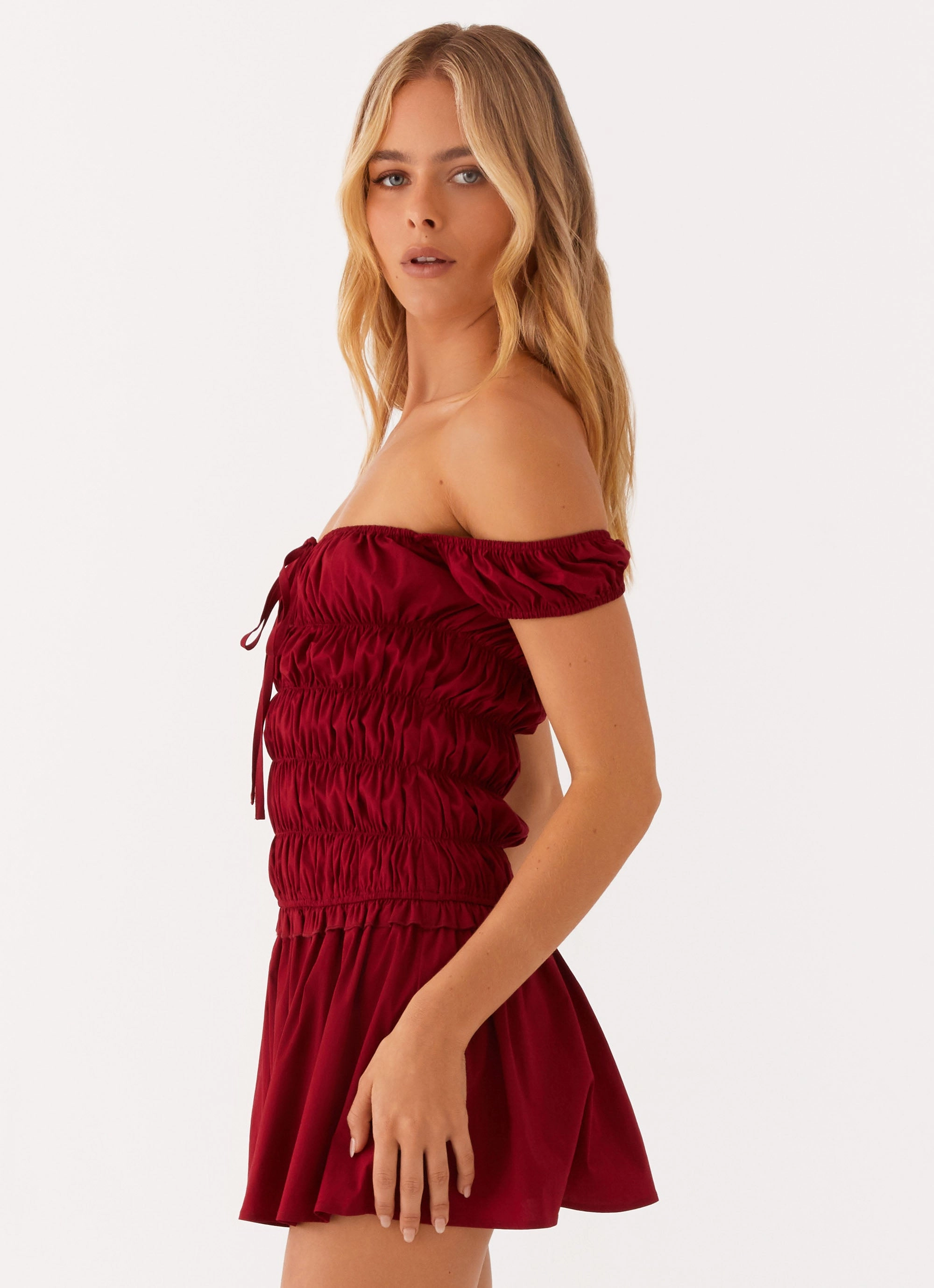 Countryside Off Shoulder Mini Dress - Deep Red Sheer Overlay Weekend Fresh