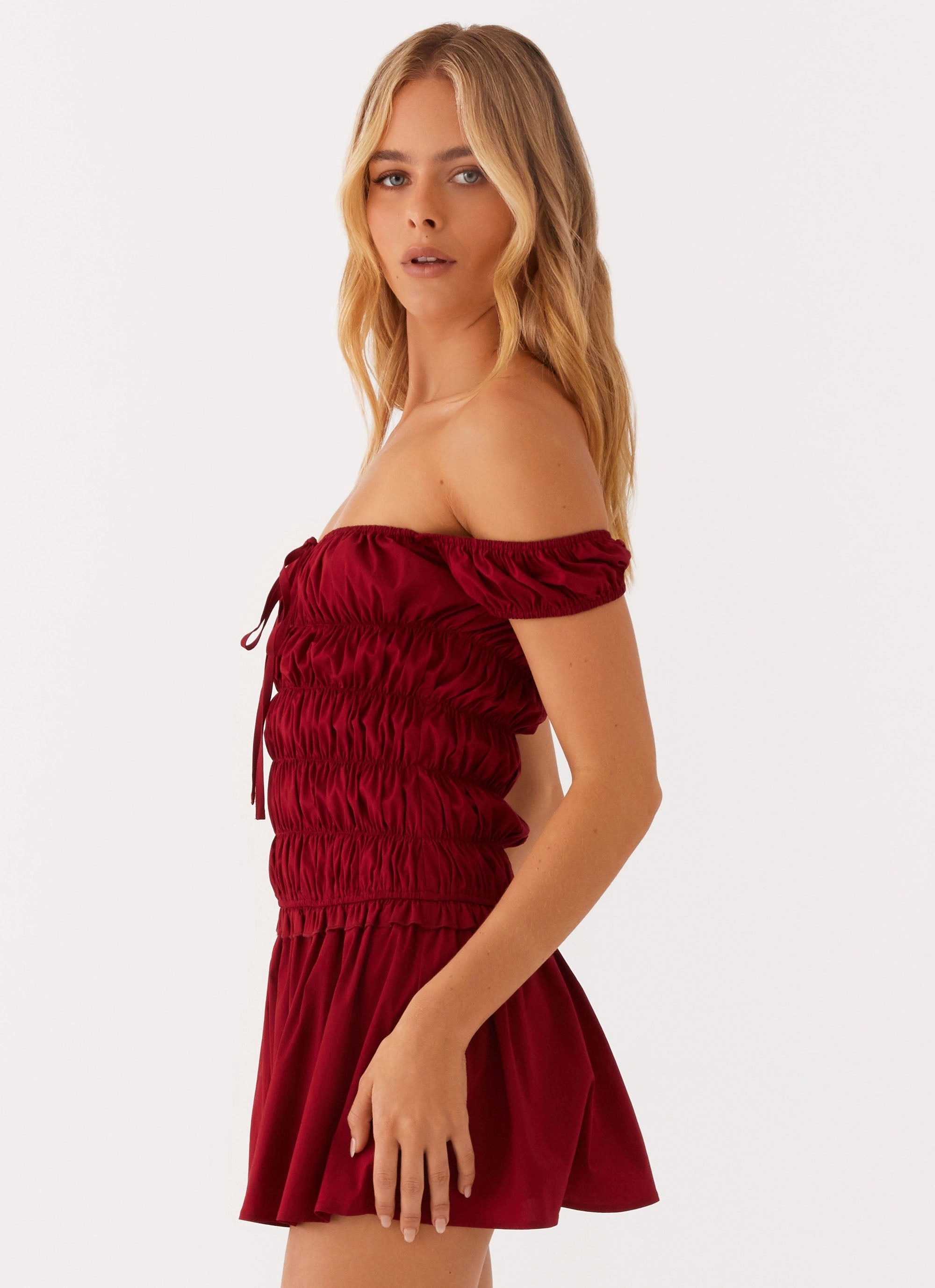Countryside Off Shoulder Mini Dress - Deep Red Modern-style