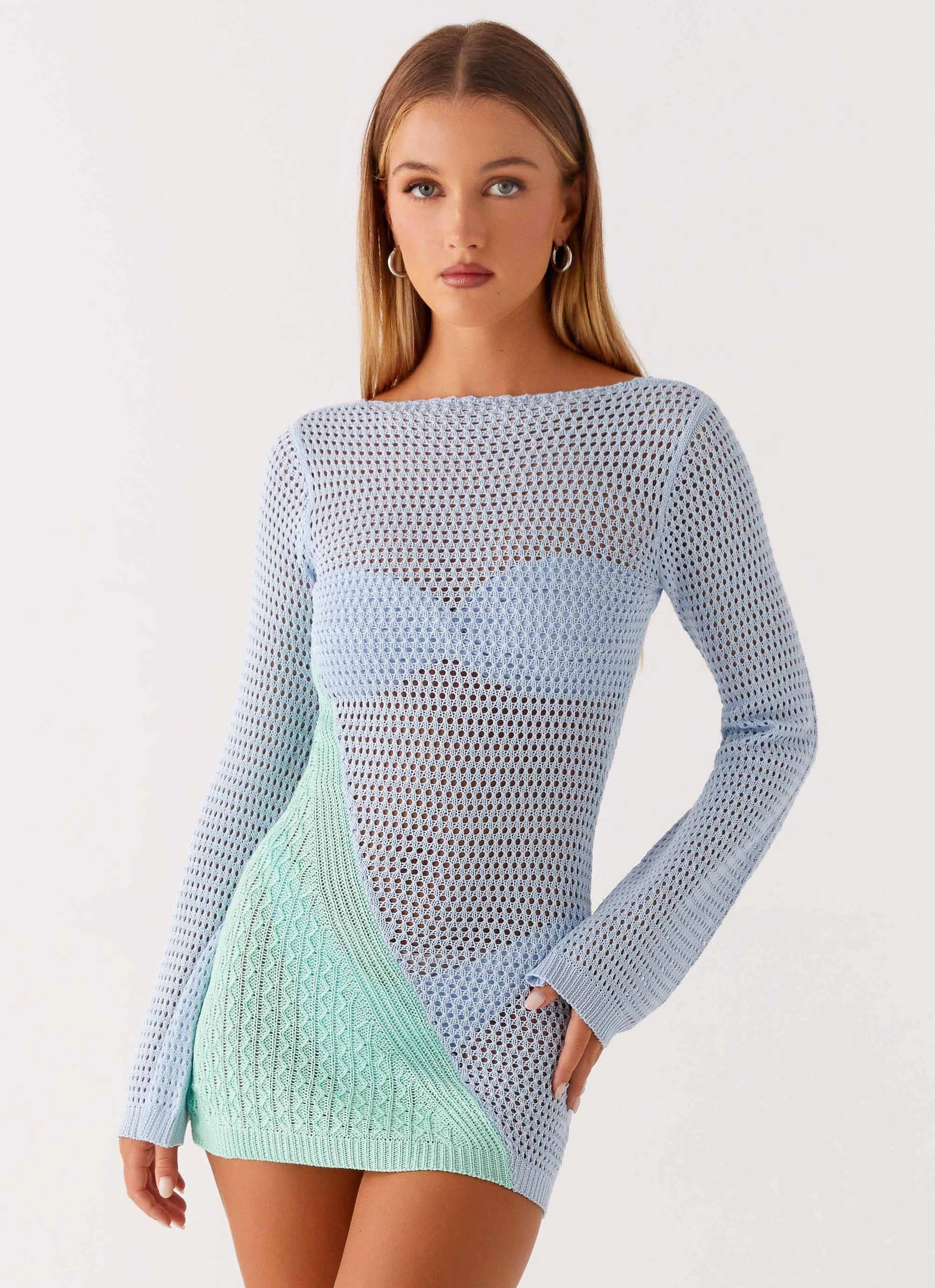 Estie Long Sleeve Crochet Mini Dress - Multi Minimal Tone Smooth Finish