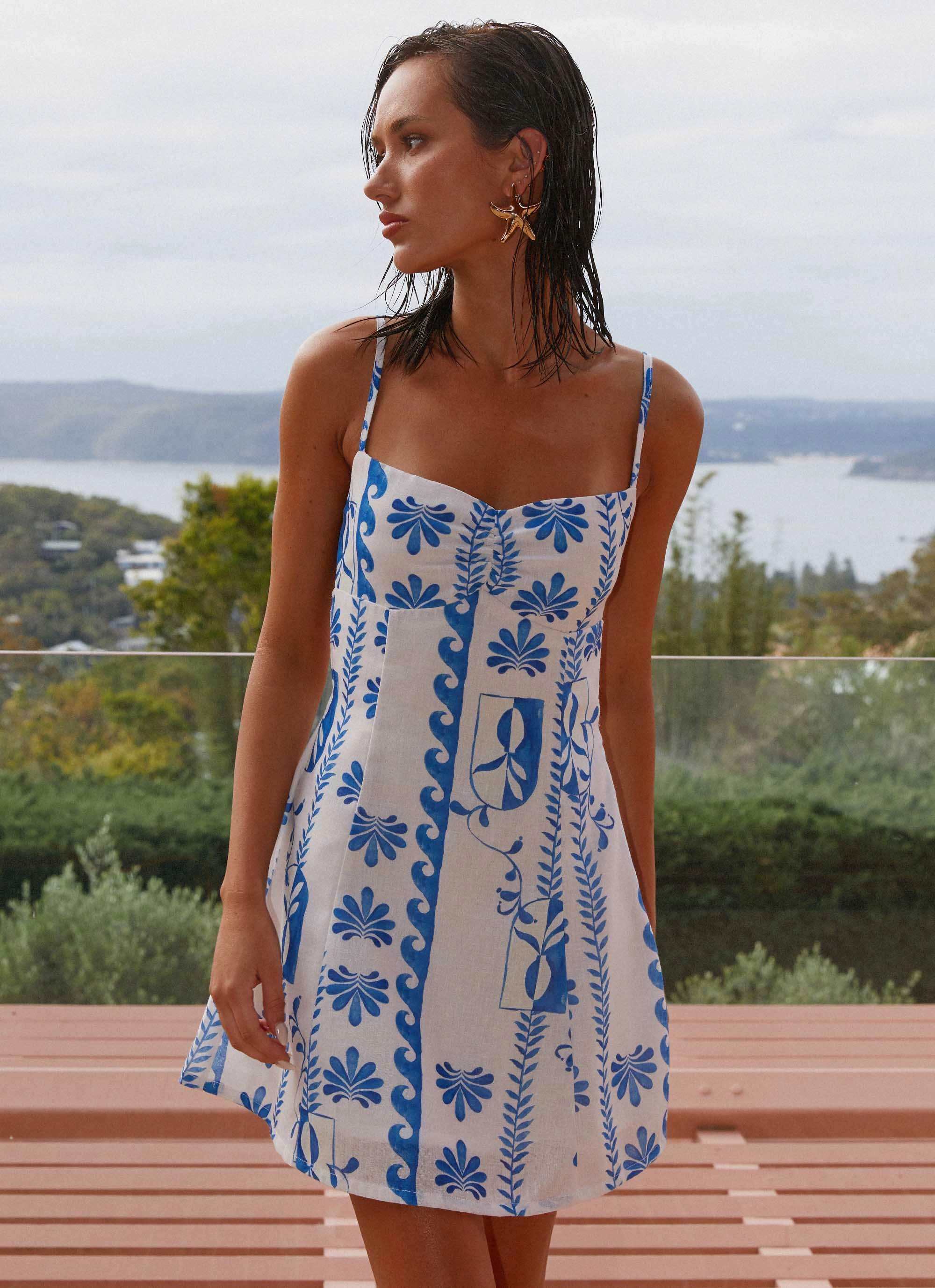 Isra Linen Mini Dress - Floral Wave elegant design Lace-Edge