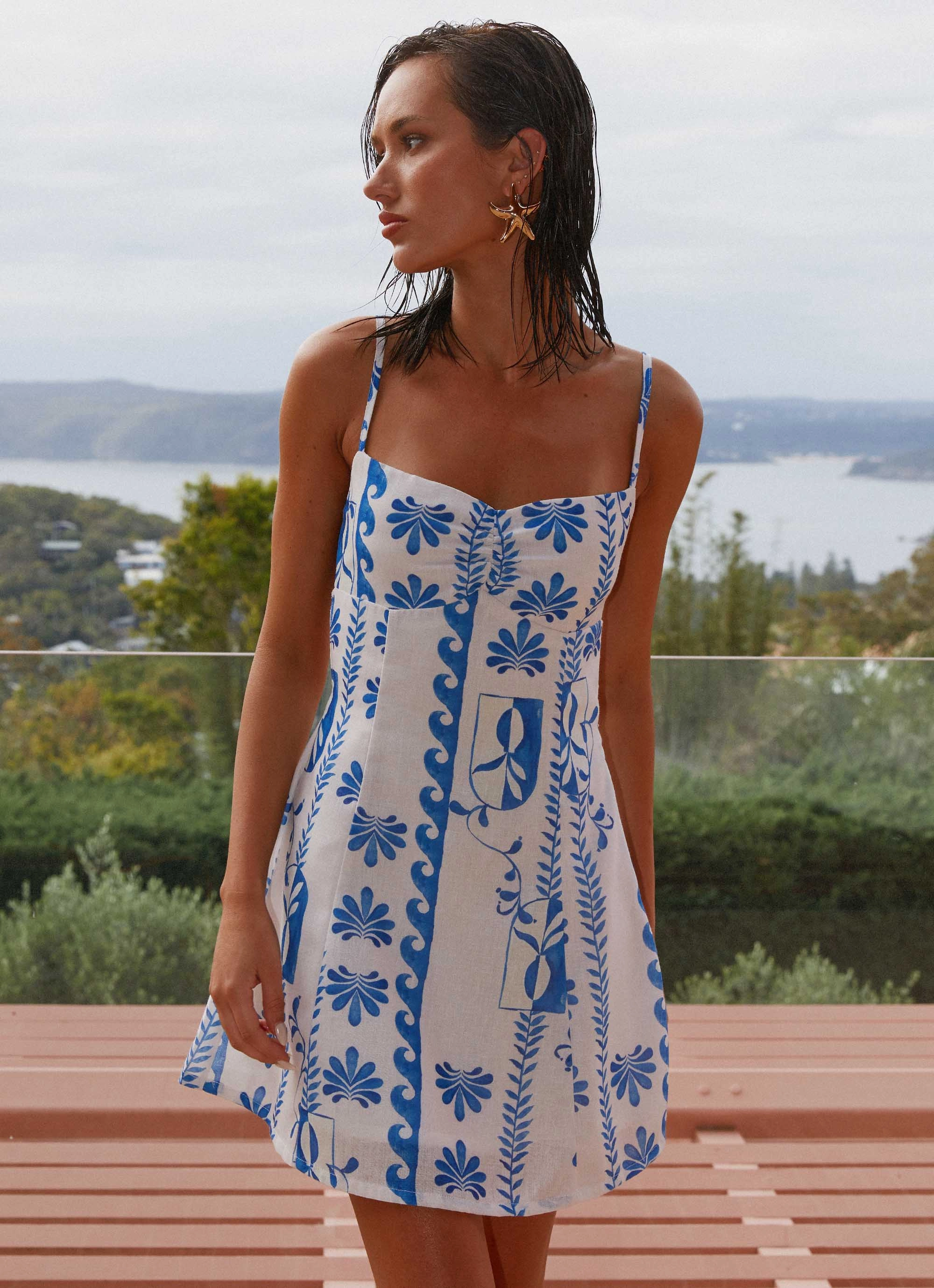 Isra Linen Mini Dress - Floral Wave Calm Finish