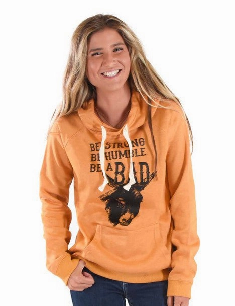 High Collar Windguard Eco Friendly Textile Cowgirl Tuff Womens Be Strong Be Humble Orange Poly/Rayon Hoodie