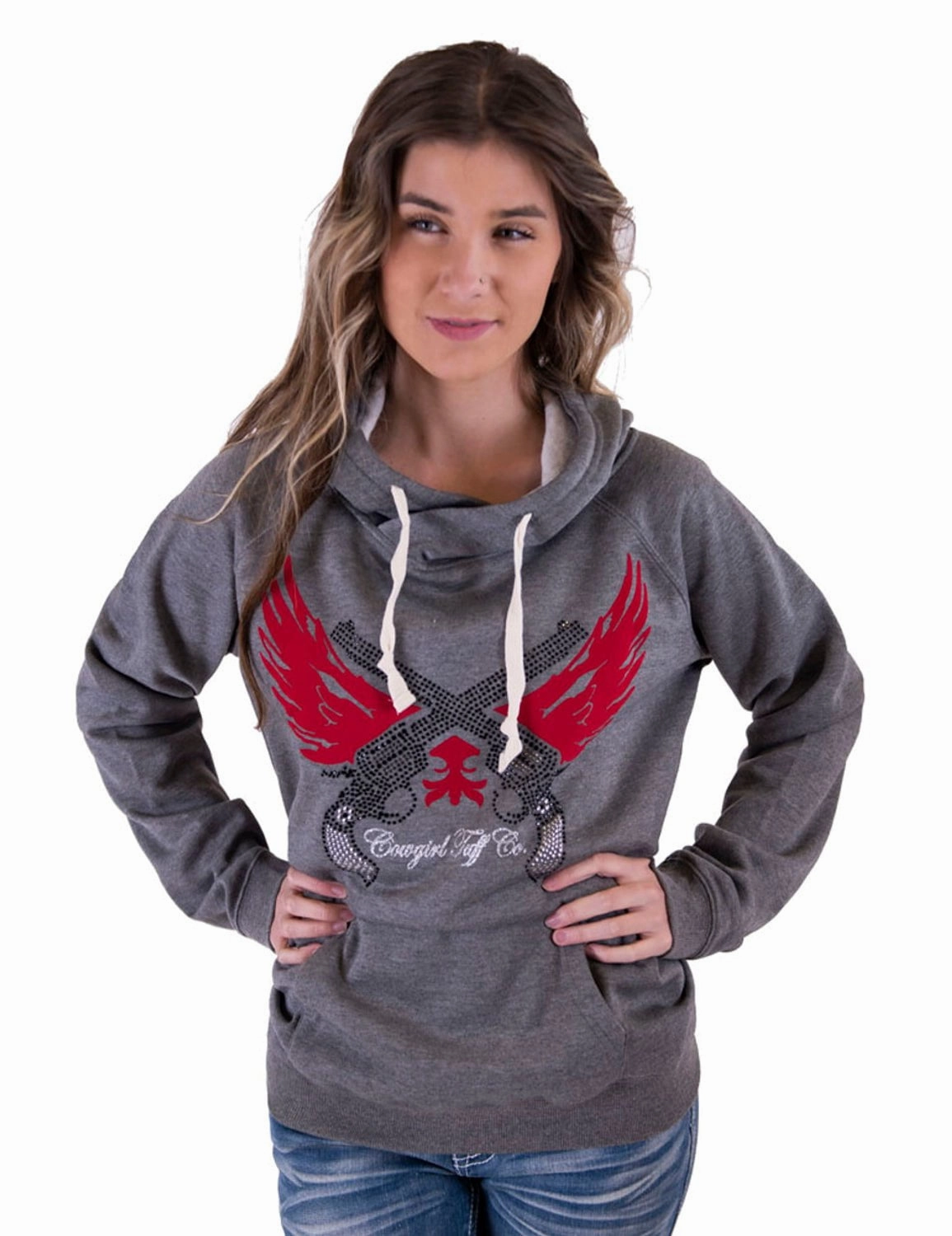 Recycled Material Construction Cowgirl Tuff Womens Guns and Wings Bling Gray Poly/Rayon Hoodie
